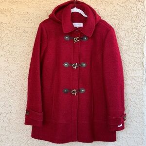 Calvin Klein Women XL Red Boucle Wool Blend Hooded Toggle Zip Up Coat Soft Warm